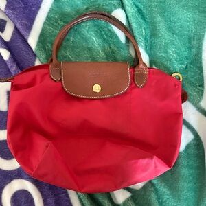 Longchamp Red Tote with Brown Handles small/mini